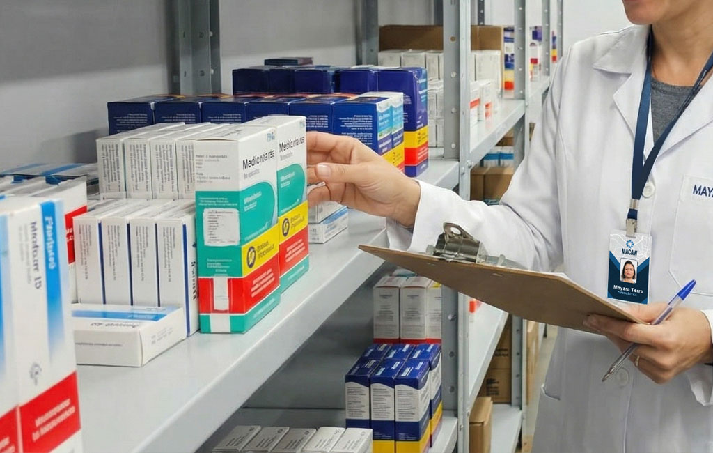 Farmacêutica fazendo o controle de Armazenagem de Medicamentos